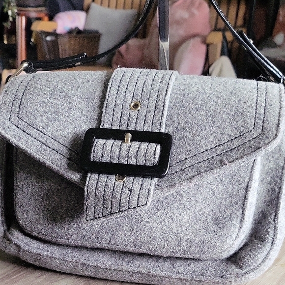 Kate Spade Gray and Black Felted Shoulder Bag with Black Buckle Patie